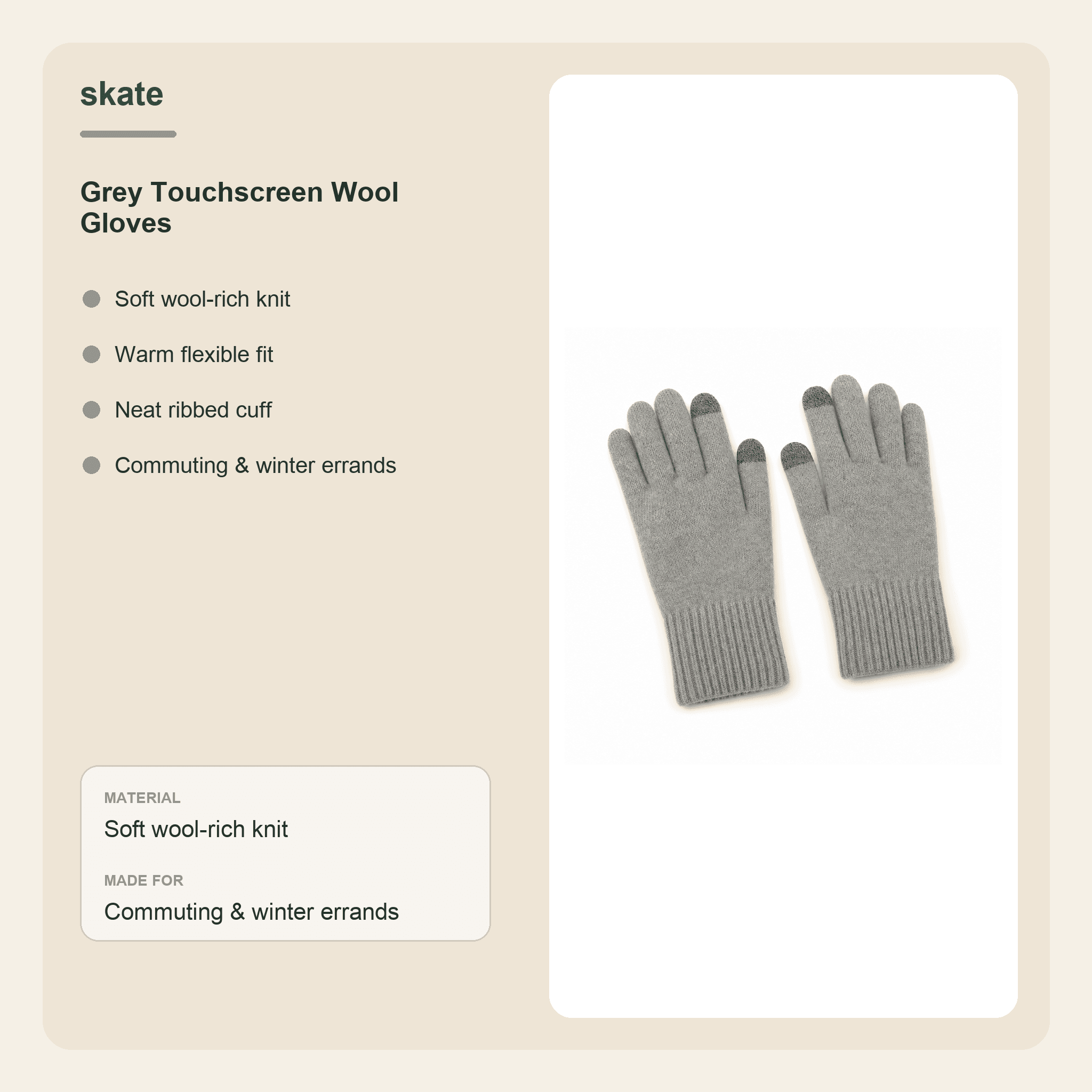Grey Touchscreen Wool Gloves Details