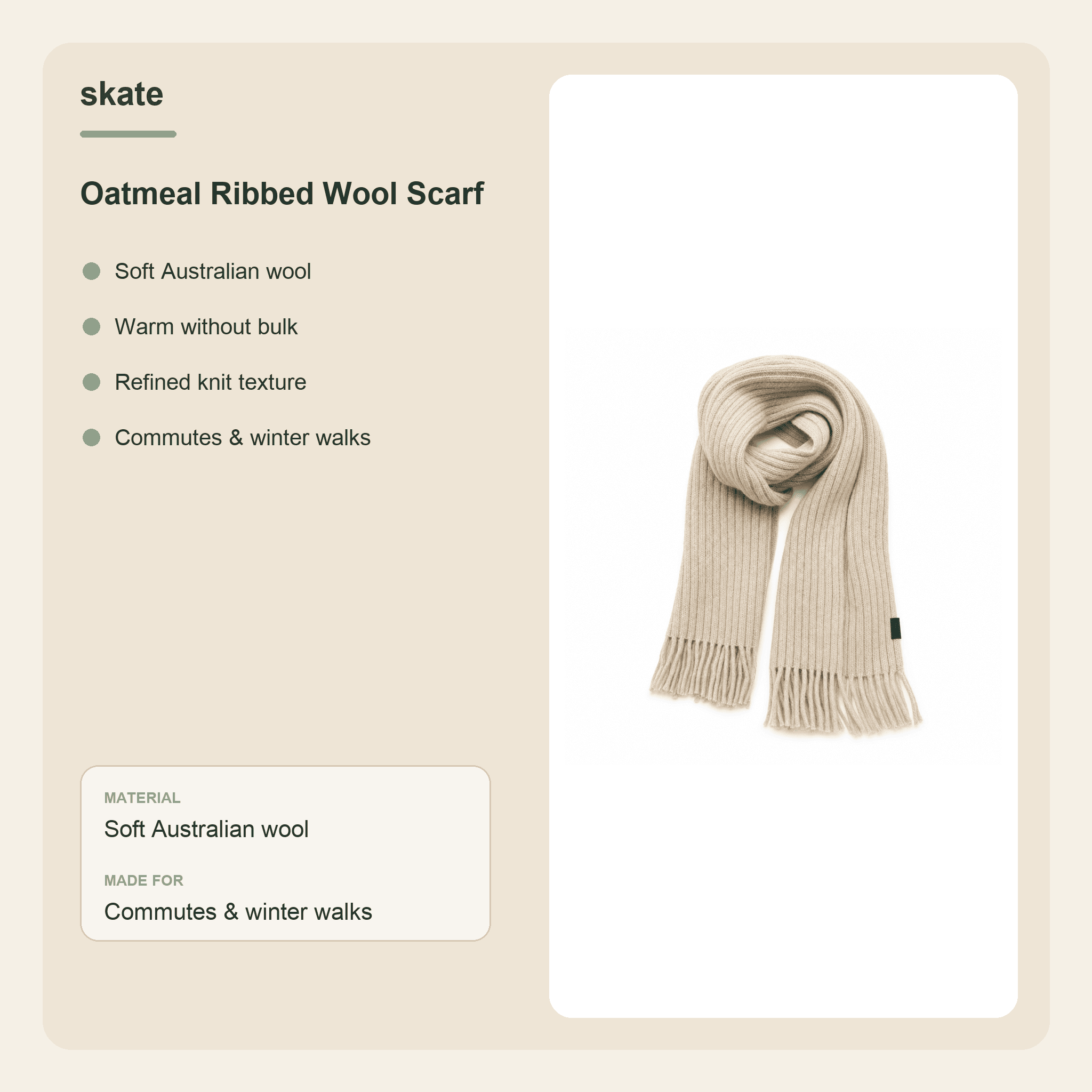 Oatmeal Ribbed Wool Scarf Details