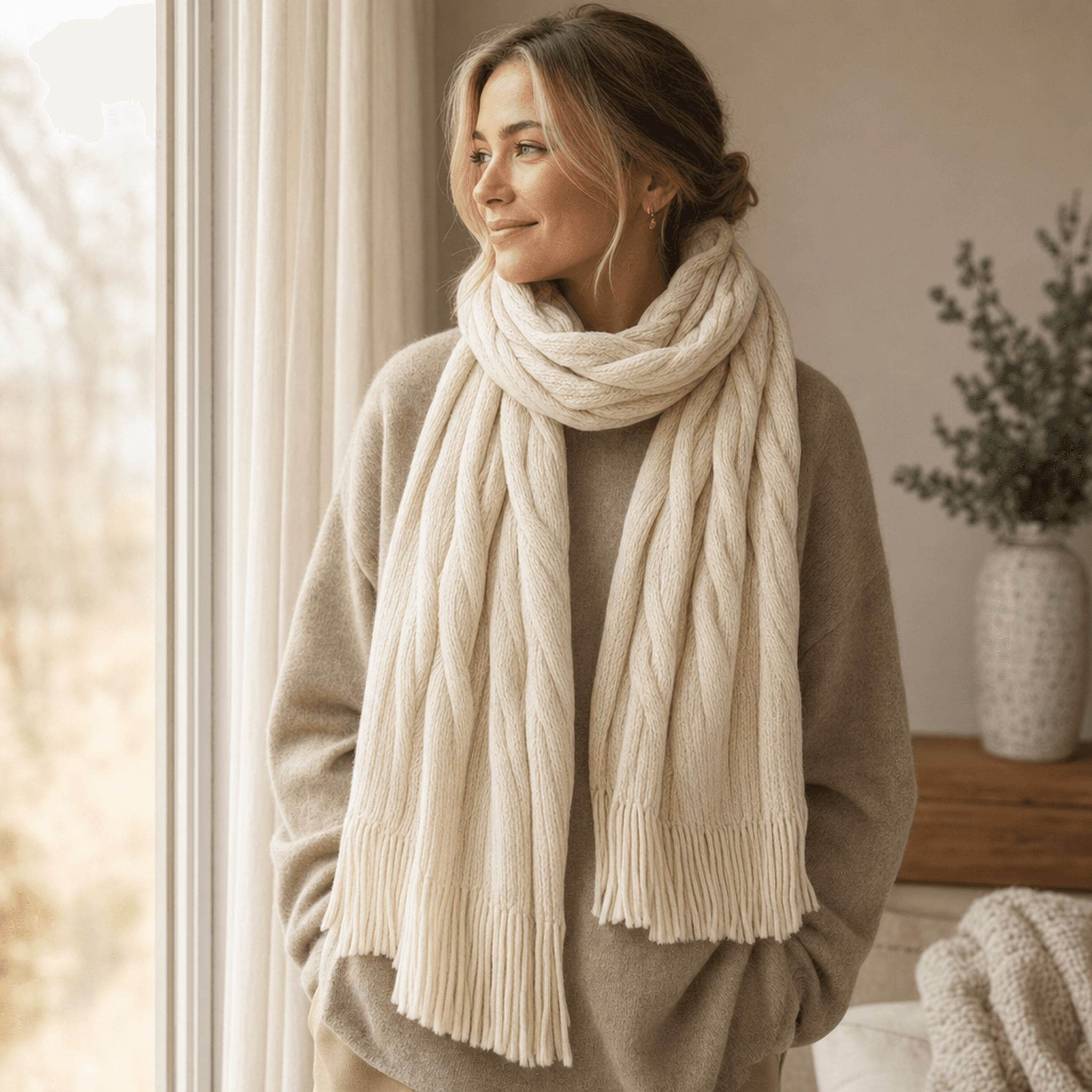 Cream Cable Knit Scarf — alternate view
