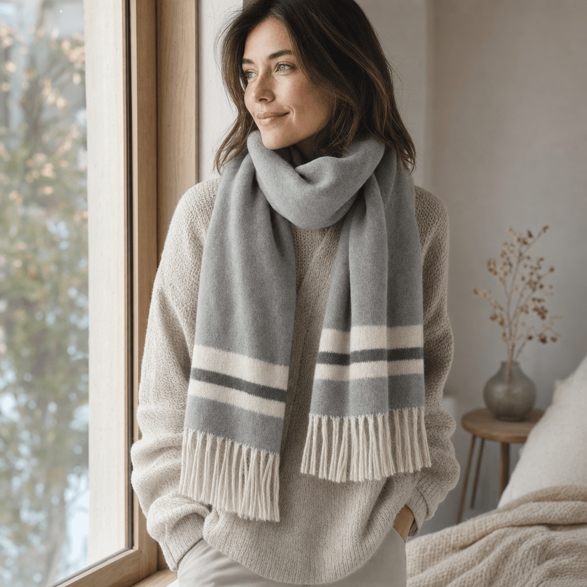 Soft Grey Fringe Scarf — alternate view