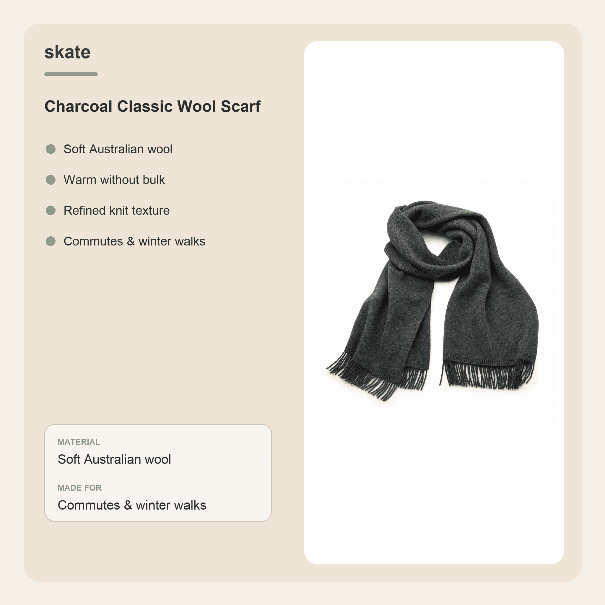 Charcoal Classic Wool Scarf Details
