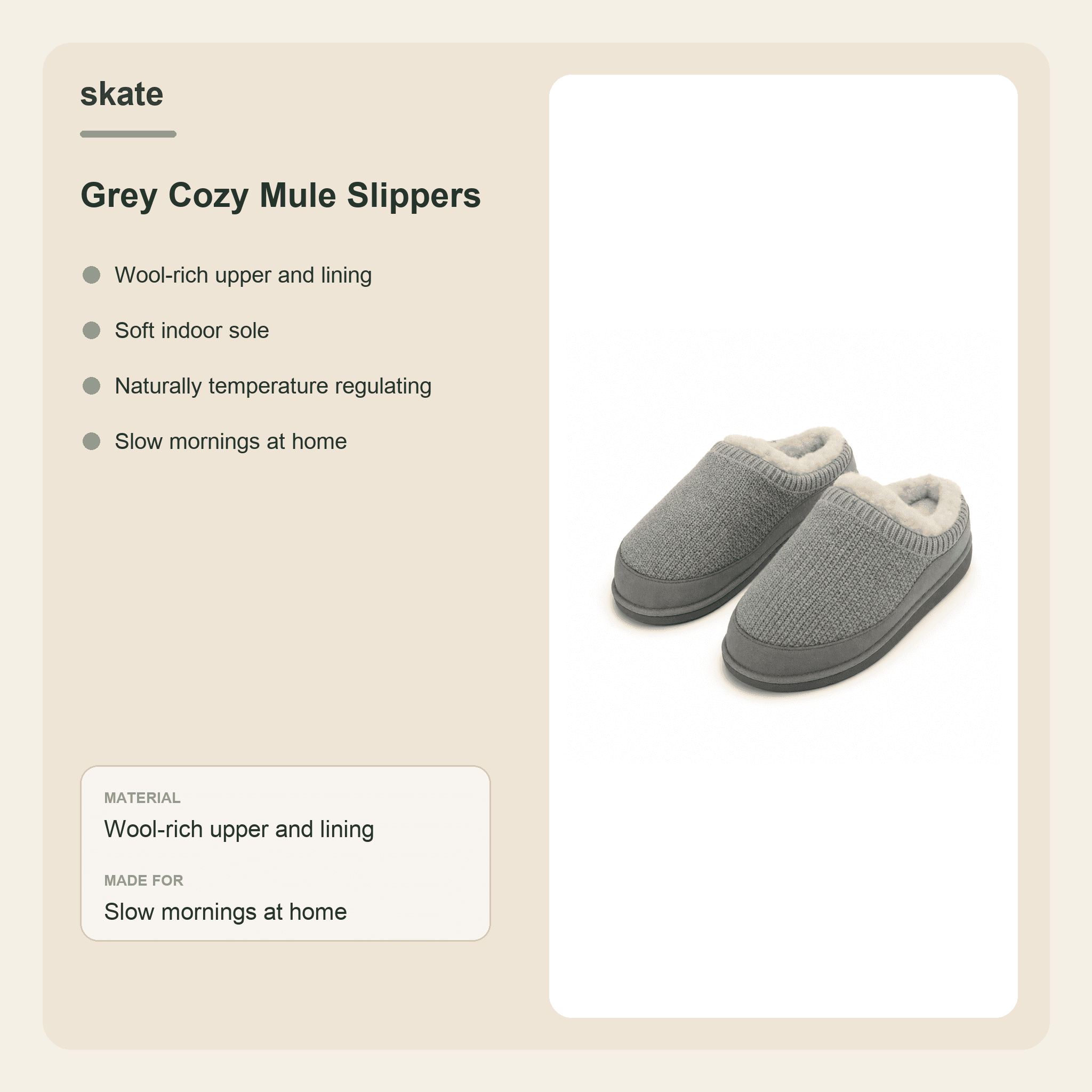 Grey Cozy Mule Slippers Details